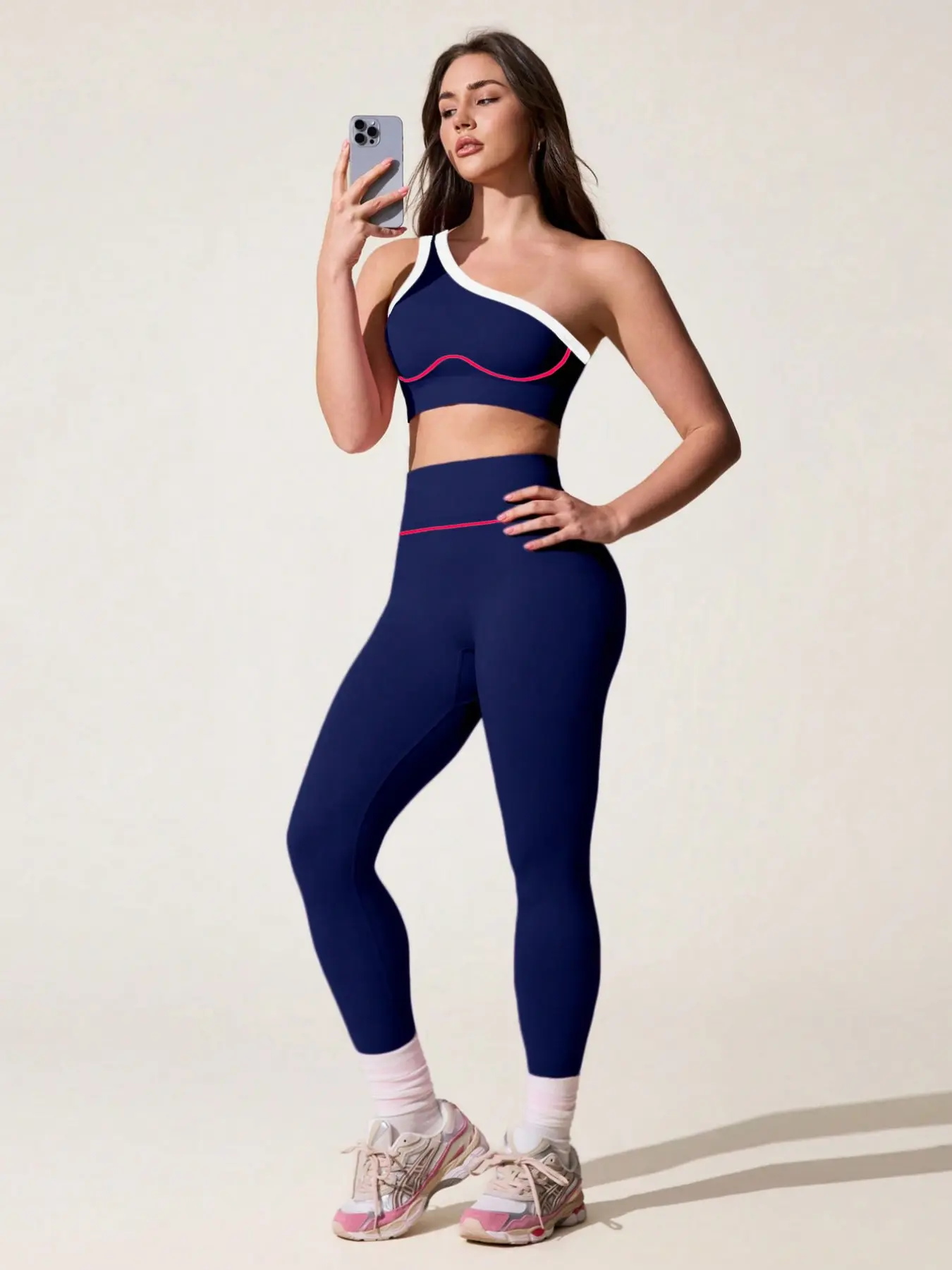 Women'S Two-Piece Set, Colorblock High-Waist Yoga Bra with Breathable Side Straps, Comfortable Gym Workout Clothes, Perfect Fitness
