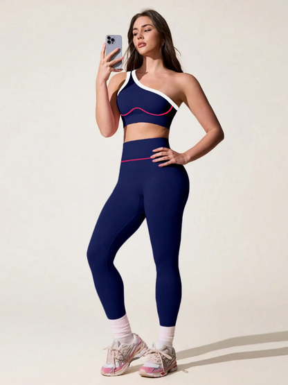 Women'S Two-Piece Set, Colorblock High-Waist Yoga Bra with Breathable Side Straps, Comfortable Gym Workout Clothes, Perfect Fitness